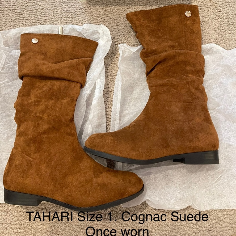 TAHARI Cognac Suede Boots Size 1 LITTLE GIRLS